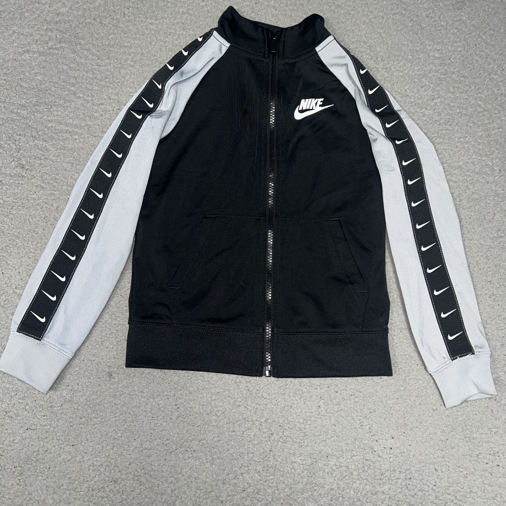 Nike Track Jacket Youth Sz M 5-6 Years Black Gray Full Zip Swoosh Taped Sleeve